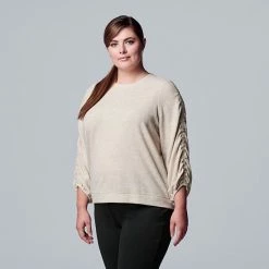 Plus Size Simply Vera Vera Wang Ruched-Sleeve Crewneck Top Oatmeal Heather -Simply Vera Vera Wang STORE unnamed file 3911