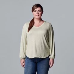 Plus Size Simply Vera Vera Wang Balloon Sleeve Top Oatmeal Heather -Simply Vera Vera Wang STORE unnamed file 3988
