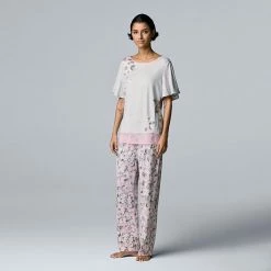 Women's Simply Vera Vera Wang Cozy Short Sleeve Pajama Top & Pajama Pants Sleep Set Black Animal Print