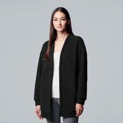Simply Vera Vera Wang Plush Sherpa Long Sleeve Long Open Front Long Cardigan Black -Simply Vera Vera Wang STORE unnamed file 463