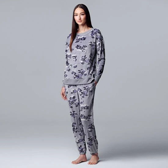 Women's Simply Vera Vera Wang Velour Pajama Top And Banded Bottom Pajama Pants Sleep Set Gray Floral 4 Women's Simply Vera Vera Wang Velour Pajama Top And Banded Bottom Pajama Pants Sleep Set Gray Floral - Image 4