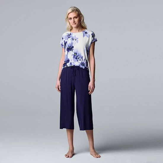 Women's Simply Vera Vera Wang Short Sleeve Pajama Top And Culotte Pajamas Sleep Set Ink White Block Print 3 Women's Simply Vera Vera Wang Short Sleeve Pajama Top And Culotte Pajamas Sleep Set Ink White Block Print - Image 3