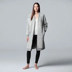 Women's Simply Vera Vera Wang Plush Sherpa Long Sleeve Long Open Front Long Cardigan Black