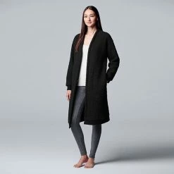Women's Simply Vera Vera Wang Plush Sherpa Long Sleeve Long Open Front Long Cardigan Black -Simply Vera Vera Wang STORE unnamed file 672