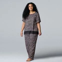 Plus Size Simply Vera Vera Wang Cozy Short Sleeve Pajama Top & Pajama Pants Sleep Set Black Animal -Simply Vera Vera Wang STORE unnamed file 732