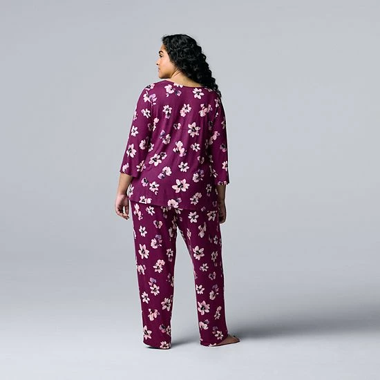 Plus Size Simply Vera Vera Wang 3/4 Sleeve Pajama Top And Pajama Pants Sleep Set With Satin Trim Lavender Floral 2 Plus Size Simply Vera Vera Wang 3/4 Sleeve Pajama Top And Pajama Pants Sleep Set With Satin Trim Lavender Floral - Image 2
