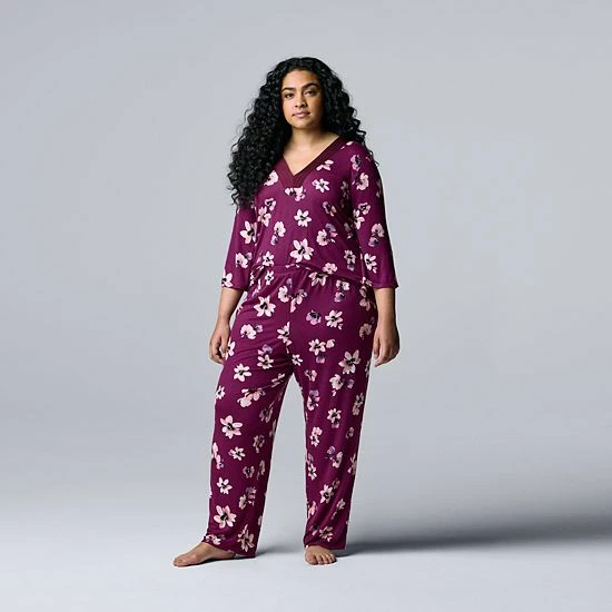 Plus Size Simply Vera Vera Wang 3/4 Sleeve Pajama Top And Pajama Pants Sleep Set With Satin Trim Lavender Floral 3 Plus Size Simply Vera Vera Wang 3/4 Sleeve Pajama Top And Pajama Pants Sleep Set With Satin Trim Lavender Floral - Image 3