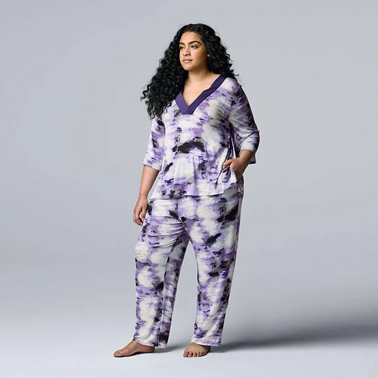 Plus Size Simply Vera Vera Wang 3/4 Sleeve Pajama Top And Pajama Pants Sleep Set With Satin Trim Lavender Floral 4 Plus Size Simply Vera Vera Wang 3/4 Sleeve Pajama Top And Pajama Pants Sleep Set With Satin Trim Lavender Floral - Image 4