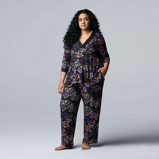 Plus Size Simply Vera Vera Wang 3/4 Sleeve Pajama Top And Pajama Pants Sleep Set With Satin Trim Lavender Floral 5 Plus Size Simply Vera Vera Wang 3/4 Sleeve Pajama Top And Pajama Pants Sleep Set With Satin Trim Lavender Floral - Image 5