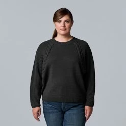 Plus Size Simply Vera Vera Wang Braided Cable-Trim Crewneck Sweater Seattle Sky