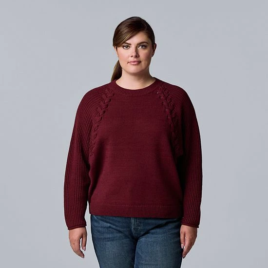 Plus Size Simply Vera Vera Wang Braided Cable-Trim Crewneck Sweater Seattle Sky 3 Plus Size Simply Vera Vera Wang Braided Cable-Trim Crewneck Sweater Seattle Sky - Image 3
