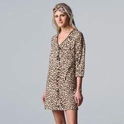 Women's Simply Vera Vera Wang 3/4 Sleeve Cozy Henley Sleepshirt With Matching Headband Black Dot -Simply Vera Vera Wang STORE unnamed file 849