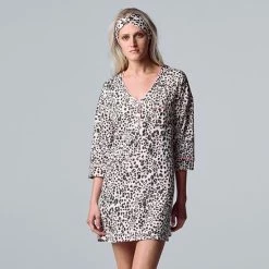 Women's Simply Vera Vera Wang 3/4 Sleeve Cozy Henley Sleepshirt With Matching Headband Black Dot -Simply Vera Vera Wang STORE unnamed file 850