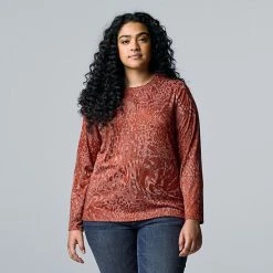 Plus Size Simply Vera Vera Wang Texture Crewneck Long Sleeve Tee Moonbeam Blue