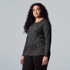 Plus Size Simply Vera Vera Wang Texture Crewneck Long Sleeve Tee Moonbeam Blue -Simply Vera Vera Wang STORE unnamed file 892
