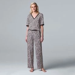 Women's Simply Vera Vera Wang Cozy Short Sleeve Pajama Top & Pajama Pants Sleep Set Lilac Floral -Simply Vera Vera Wang STORE unnamed file 922