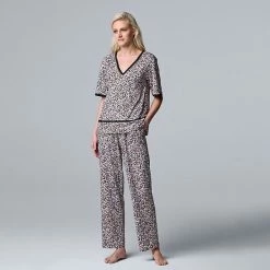 Women's Simply Vera Vera Wang Cozy Short Sleeve Pajama Top & Pajama Pants Sleep Set Lilac Floral -Simply Vera Vera Wang STORE unnamed file 924