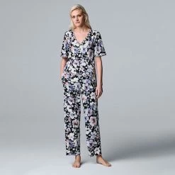 Women's Simply Vera Vera Wang Cozy Short Sleeve Pajama Top & Pajama Pants Sleep Set Lilac Floral -Simply Vera Vera Wang STORE unnamed file 925