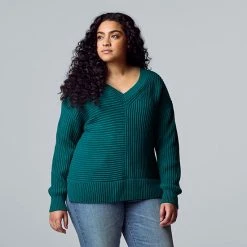 Plus Size Simply Vera Vera Wang V-Neck Ribbed Sweater Persian Teal Heather -Simply Vera Vera Wang STORE unnamed file 979