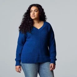 Plus Size Simply Vera Vera Wang V-Neck Ribbed Sweater Persian Teal Heather -Simply Vera Vera Wang STORE unnamed file 980